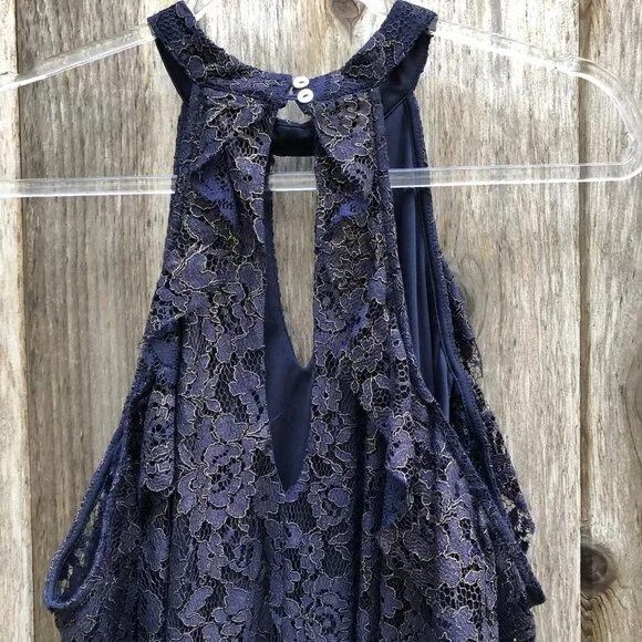 Francesca’s Navy and Gold Lace Cold Shoulder Midi Dress Large - Picture 7 of 12